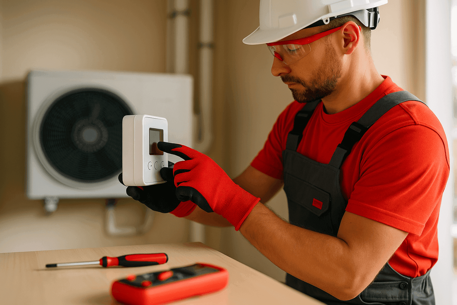 HVAC technician adjusting modern indoor HVAC unit wearing safety gloves and helmet