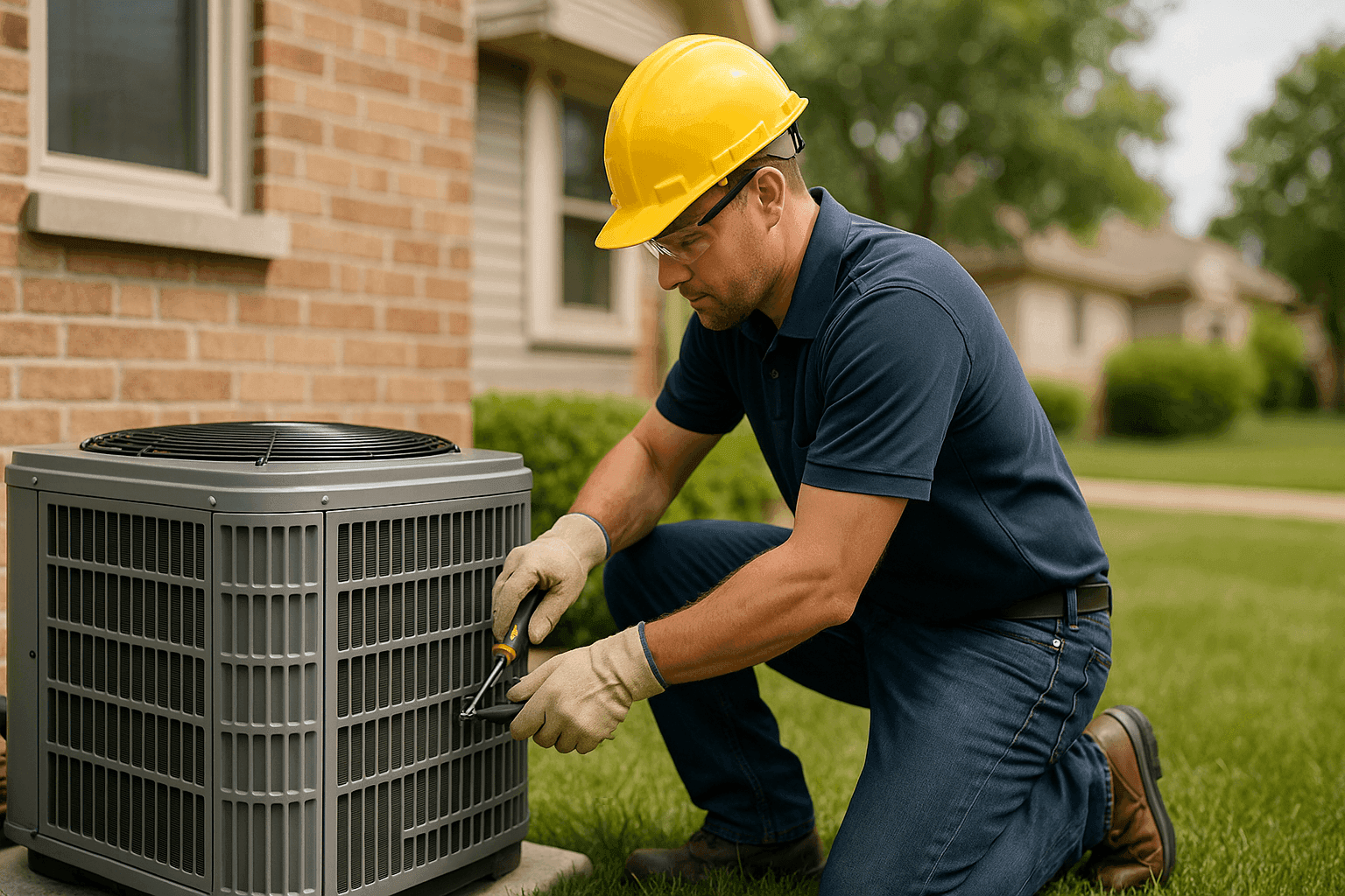 Technician installing a new air conditioner condenser outside a suburban home