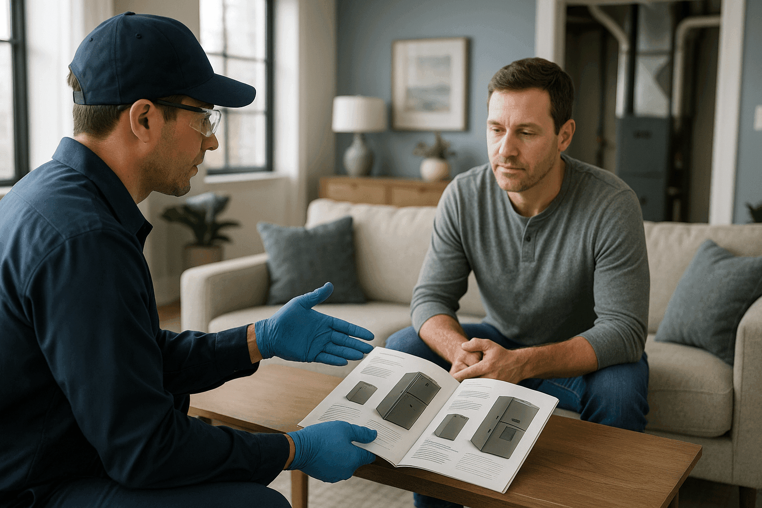 Technician reviewing furnace options with a homeowner in a modern living room