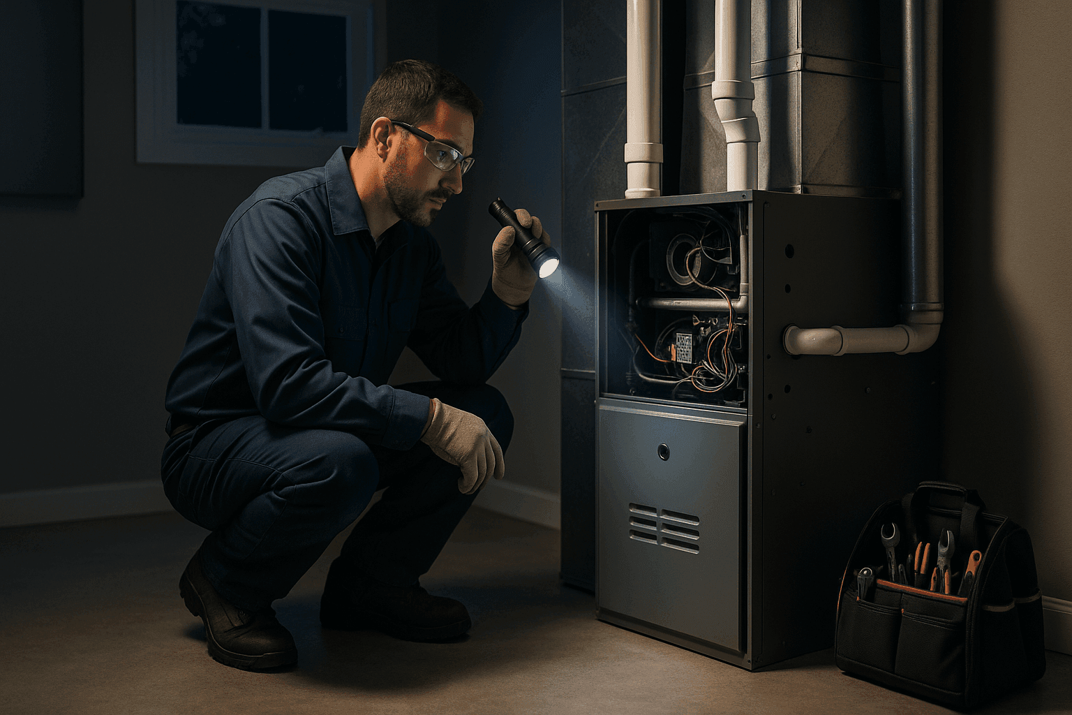 Technician checking a non-working furnace in a home utility room at night