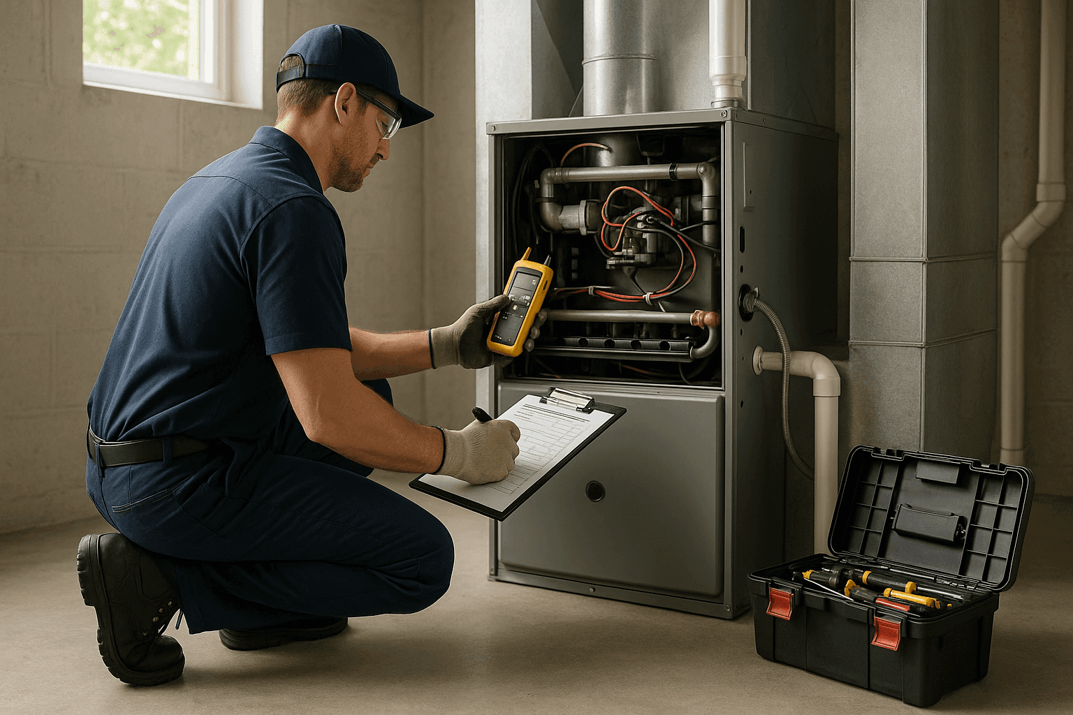 Technician examining old furnace for repair or replacement