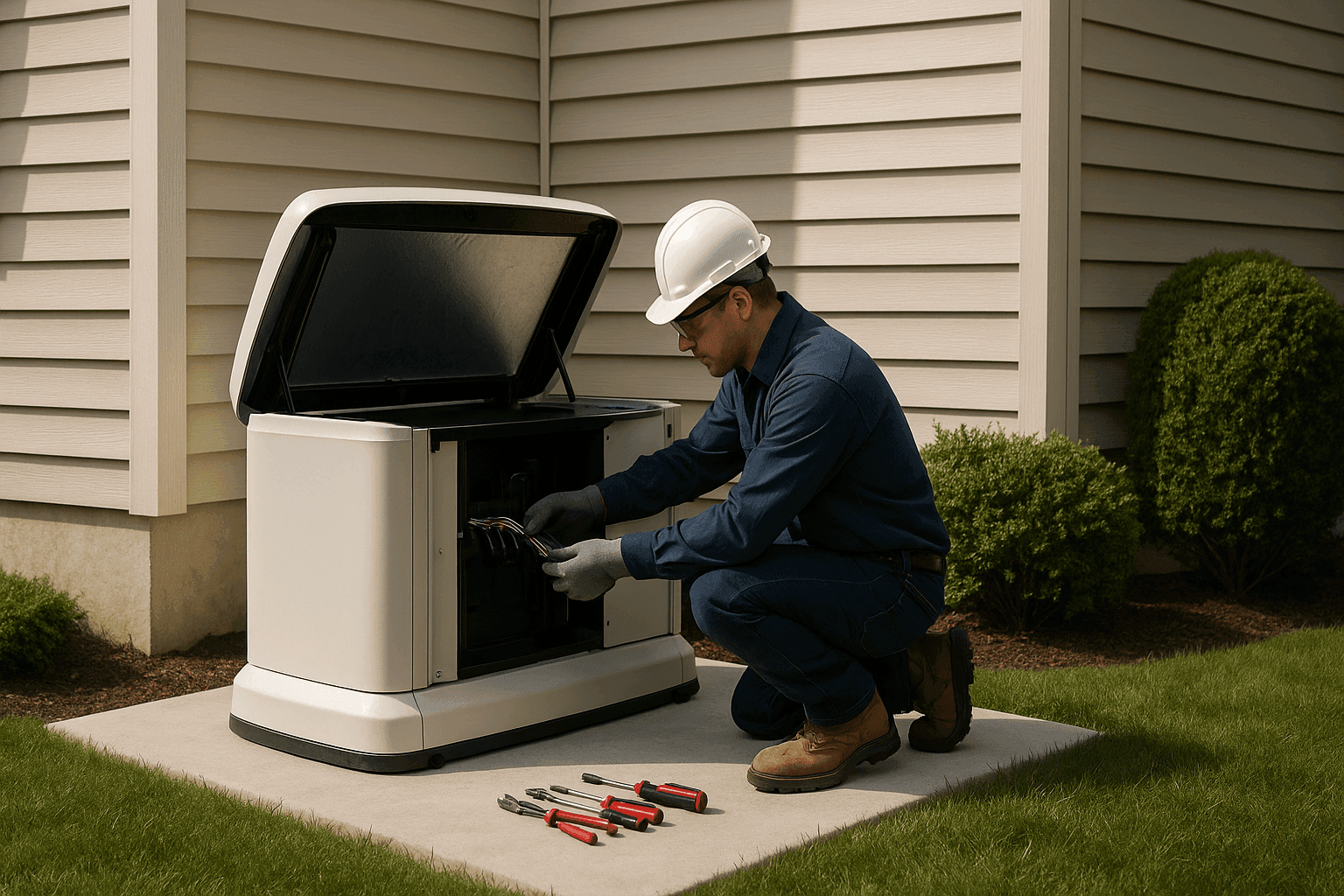 Technician installing a whole-house generator outside a residential home