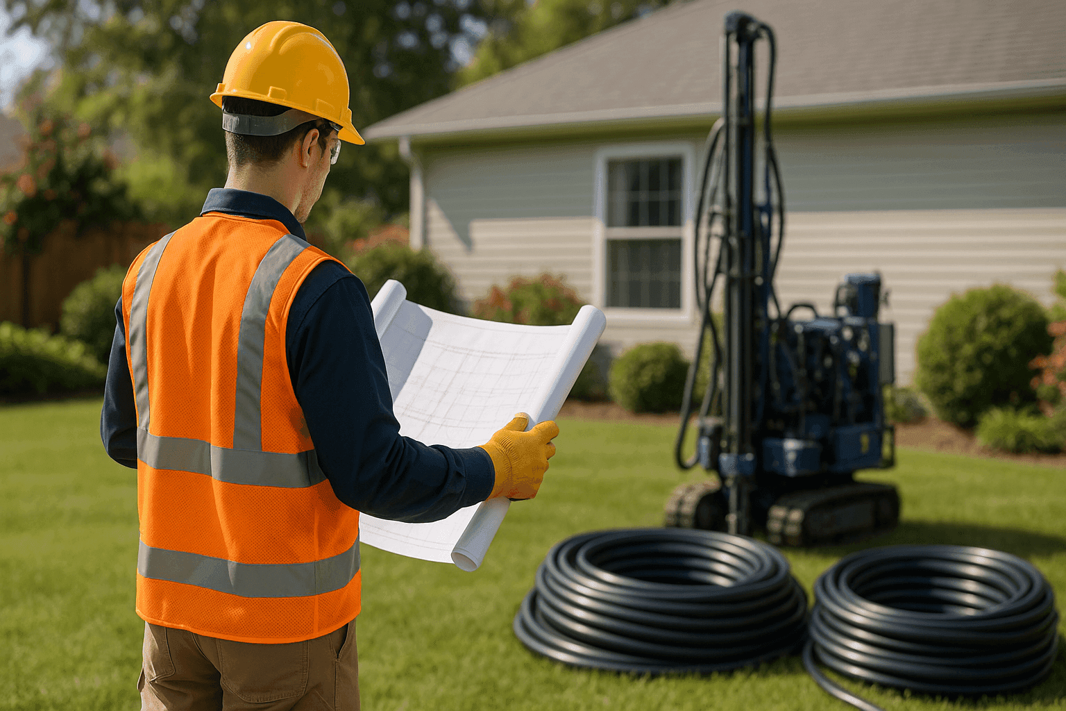 Technician reviewing geothermal system plans in yard