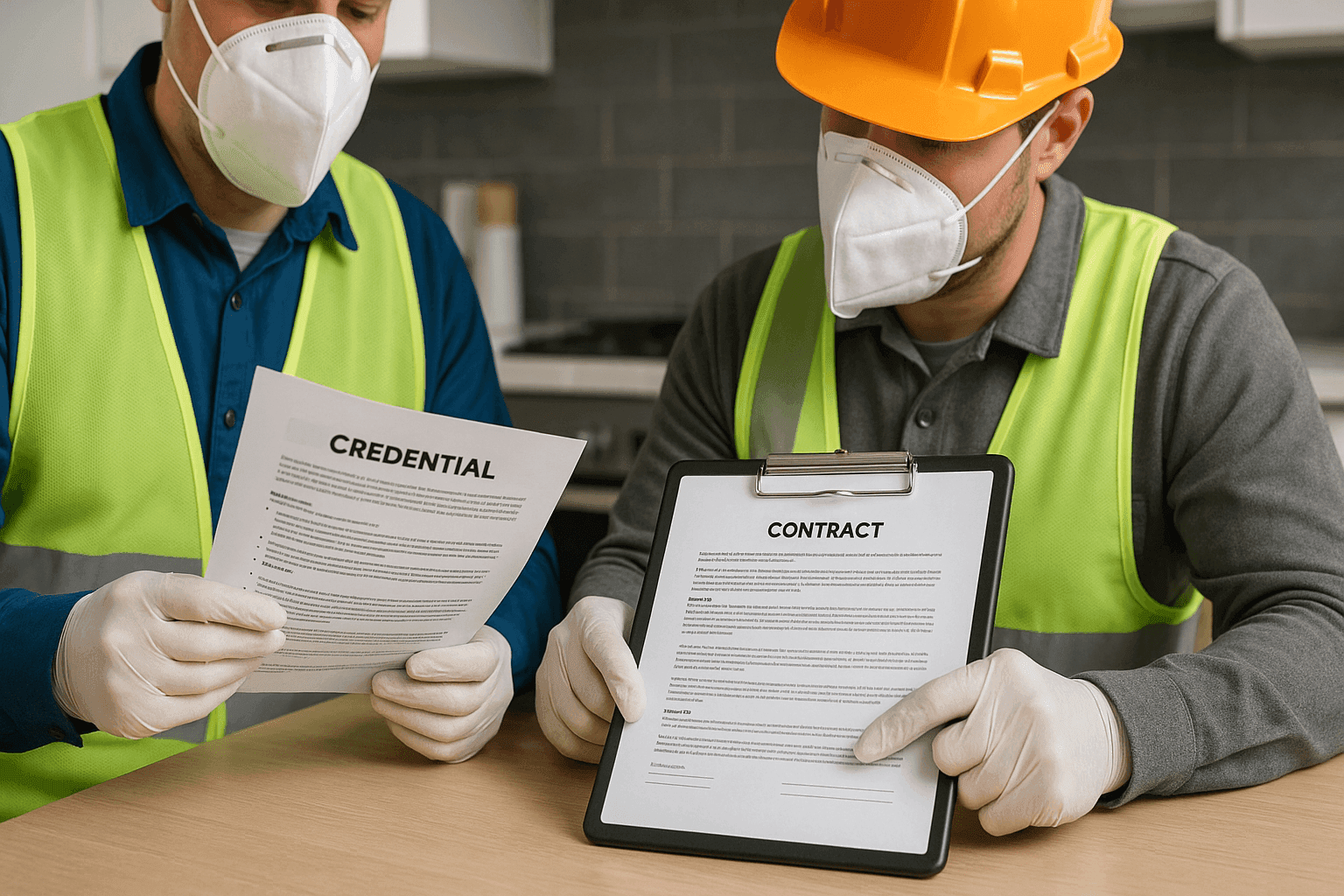 Homeowner reviewing credentials with an HVAC contractor in a kitchen