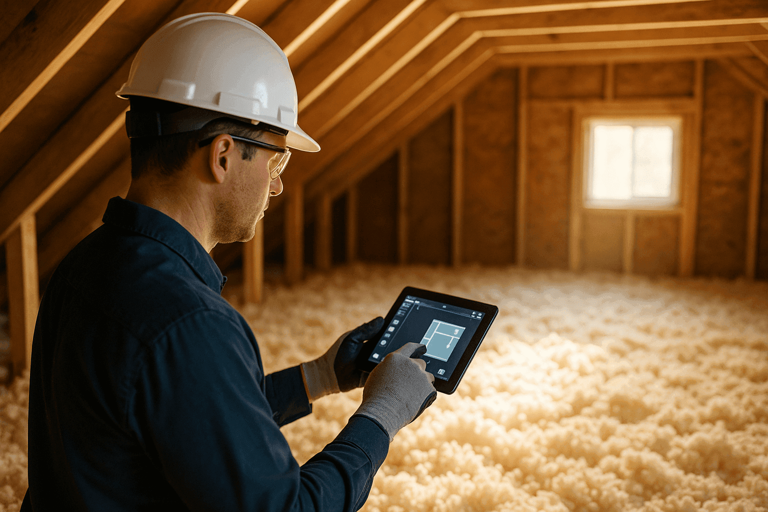 Energy auditor inspecting attic insulation with tablet