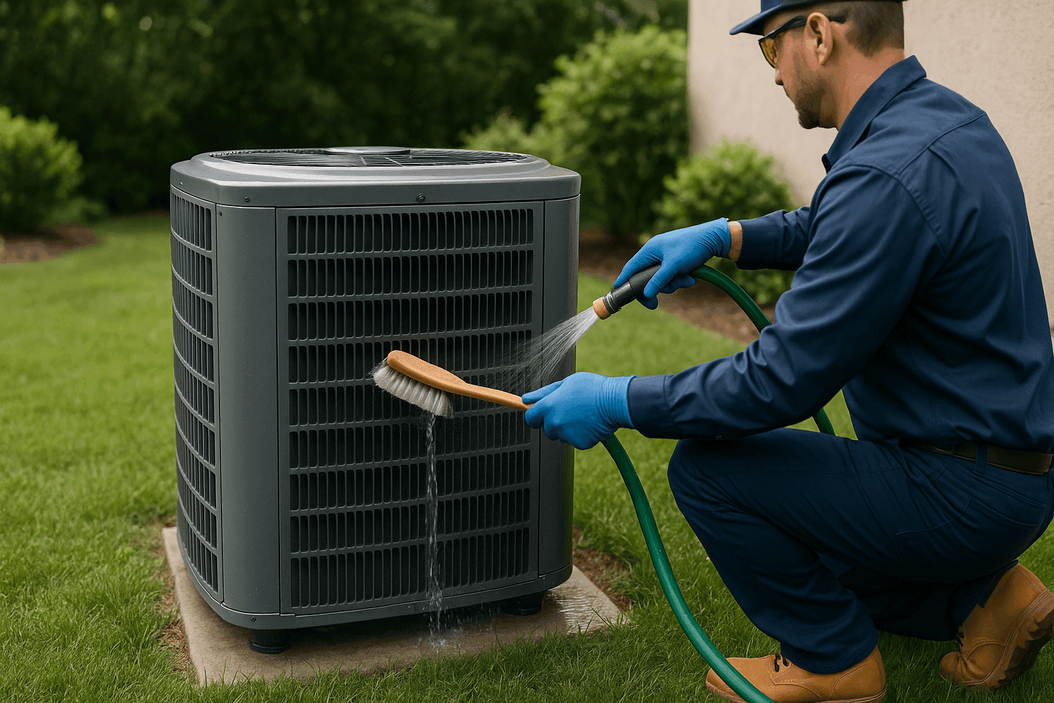 Technician cleaning outdoor AC unit with brush