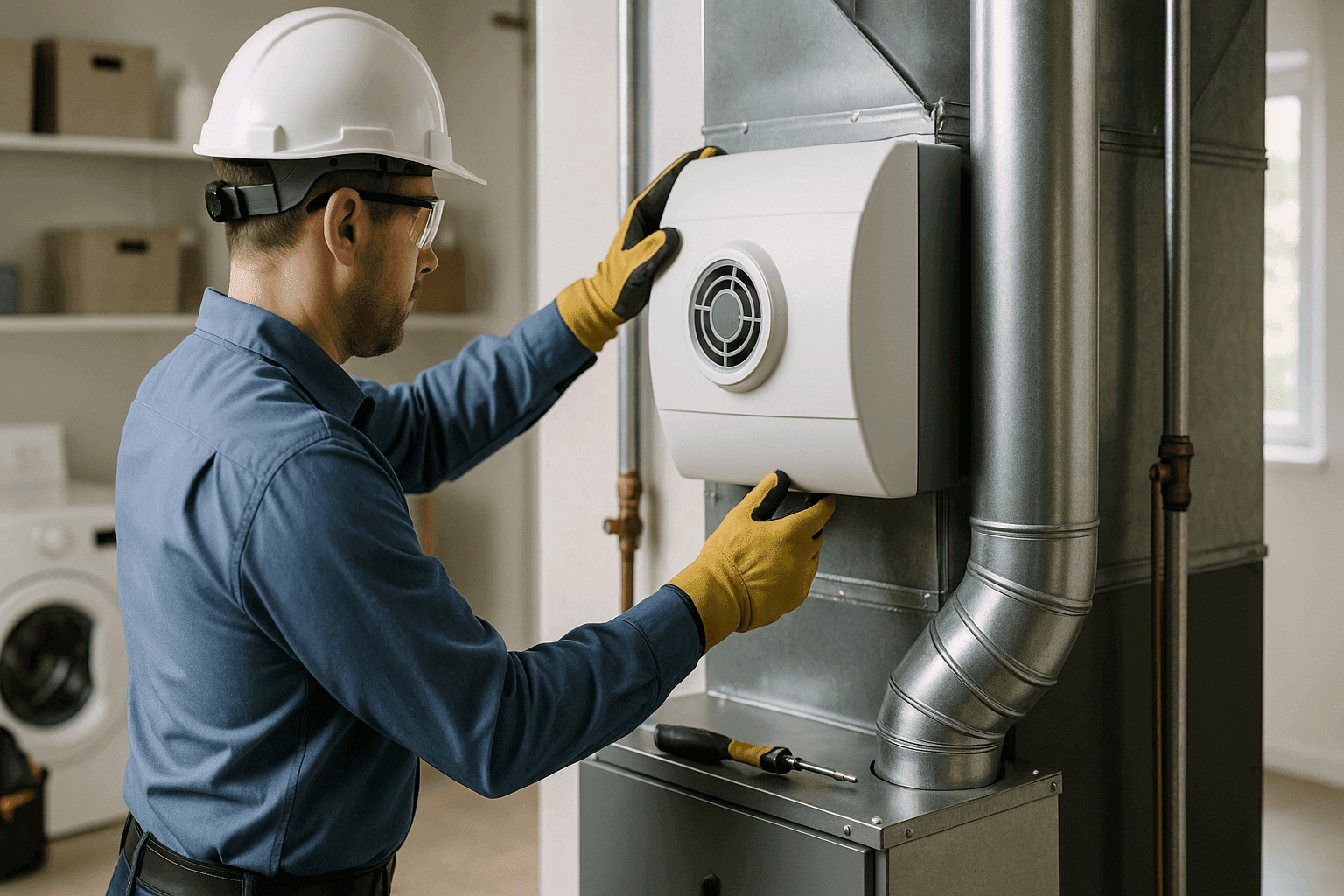 Technician setting up whole-house humidifier on HVAC system