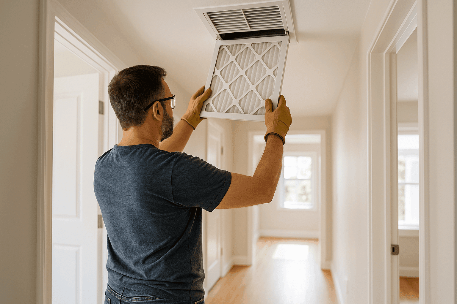Homeowner checking HVAC air filter in a bright hallway