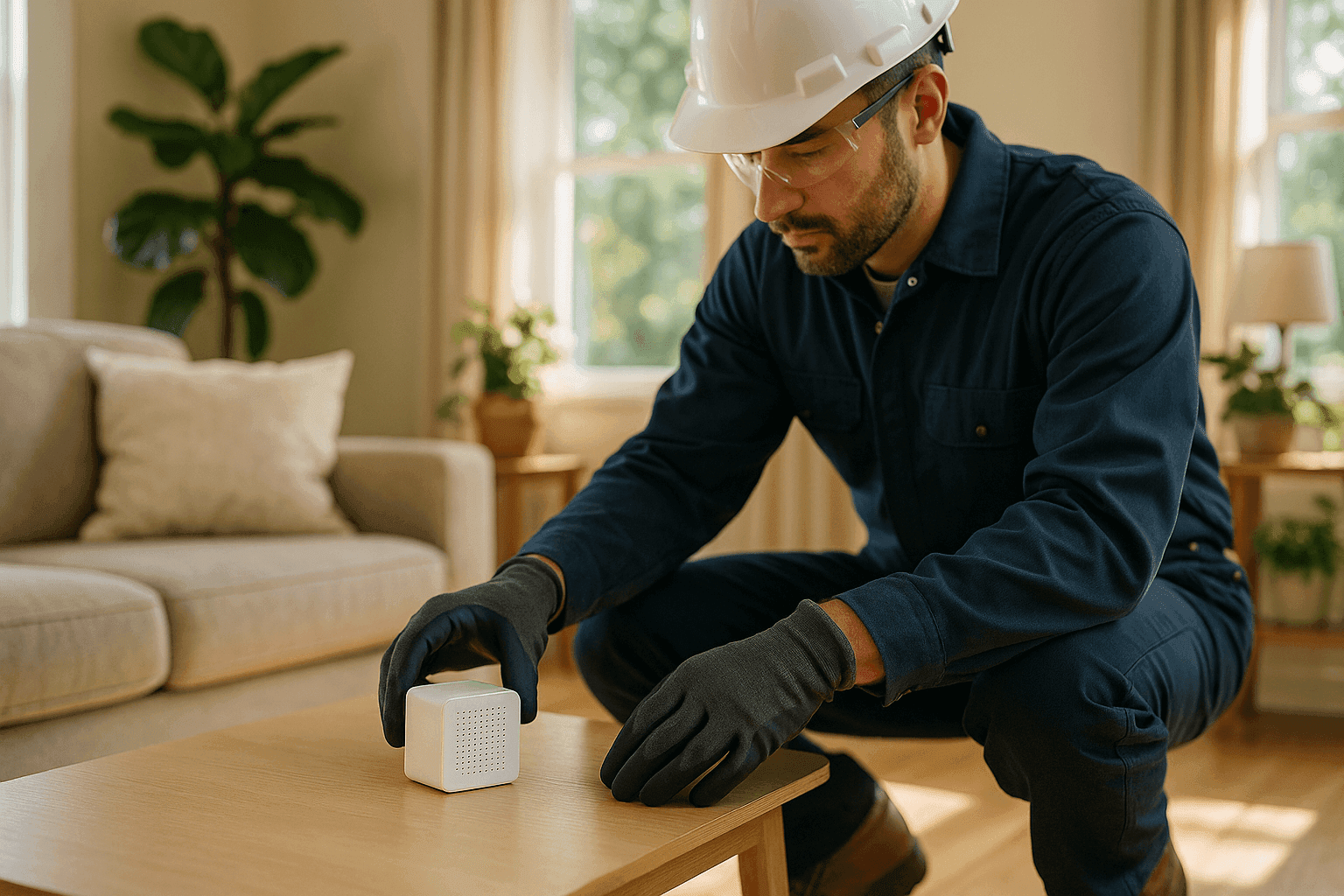 Technician placing an indoor air quality sensor in a family living room