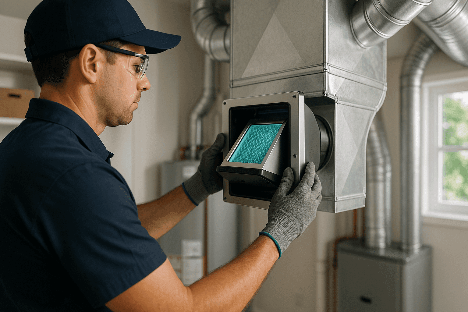 Technician installing air scrubber in home HVAC system
