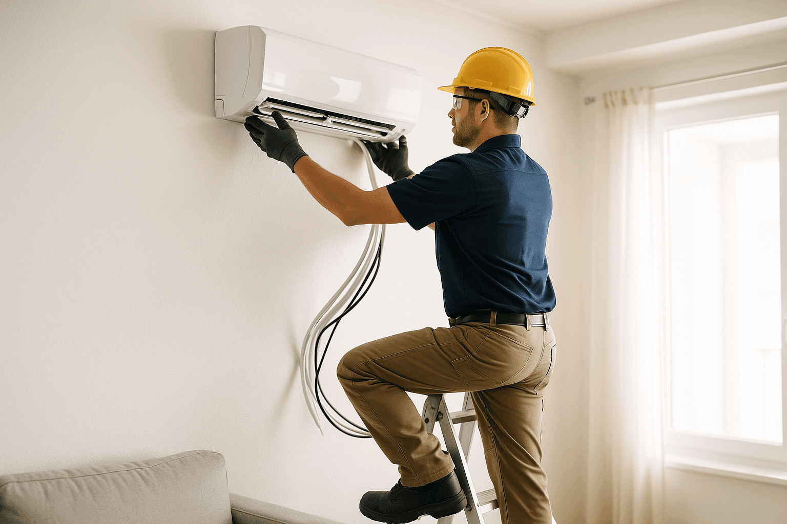 Technician mounting a mini-split indoor unit on a living room wall