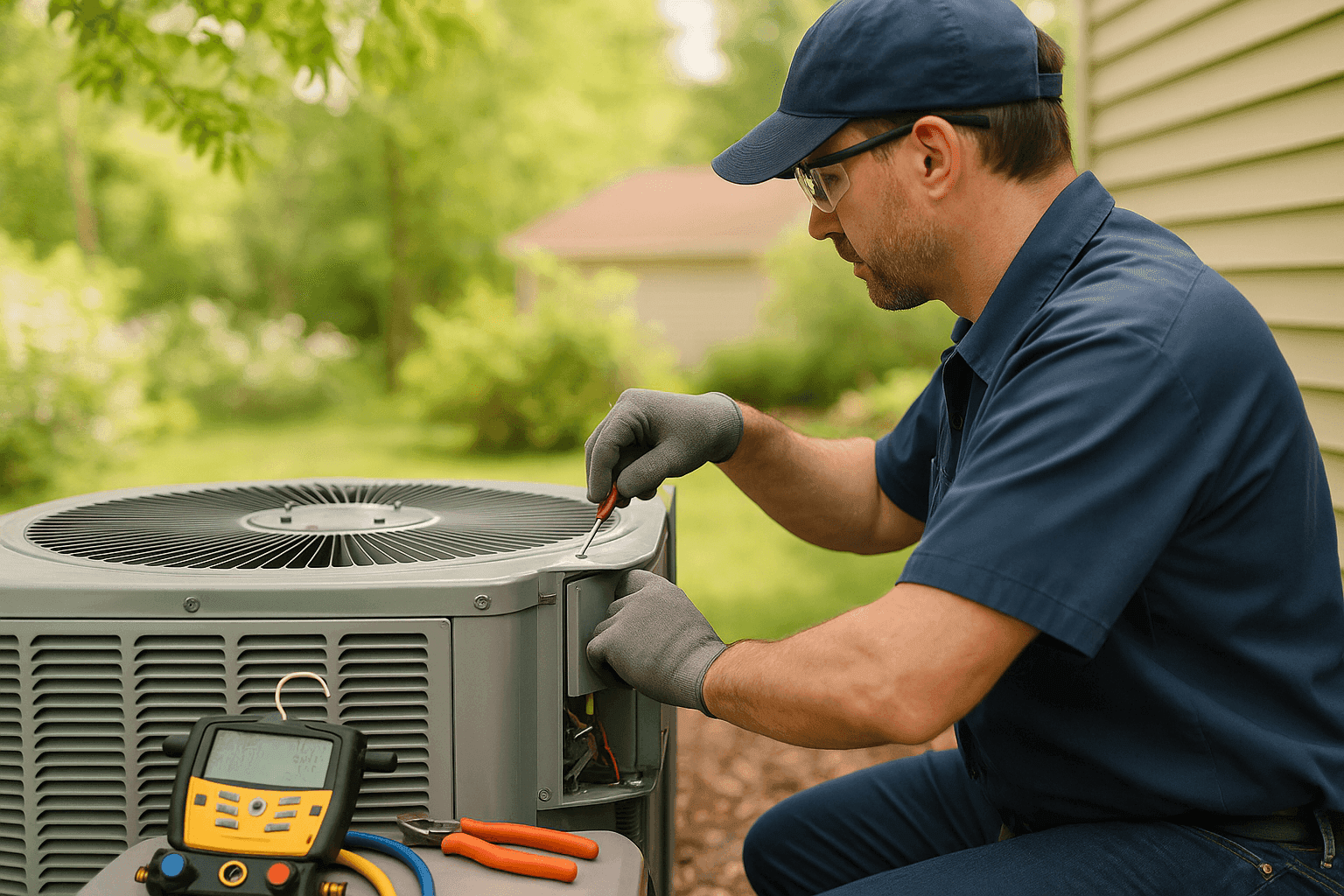 HVAC technician inspecting an outdoor air conditioning unit during spring maintenance