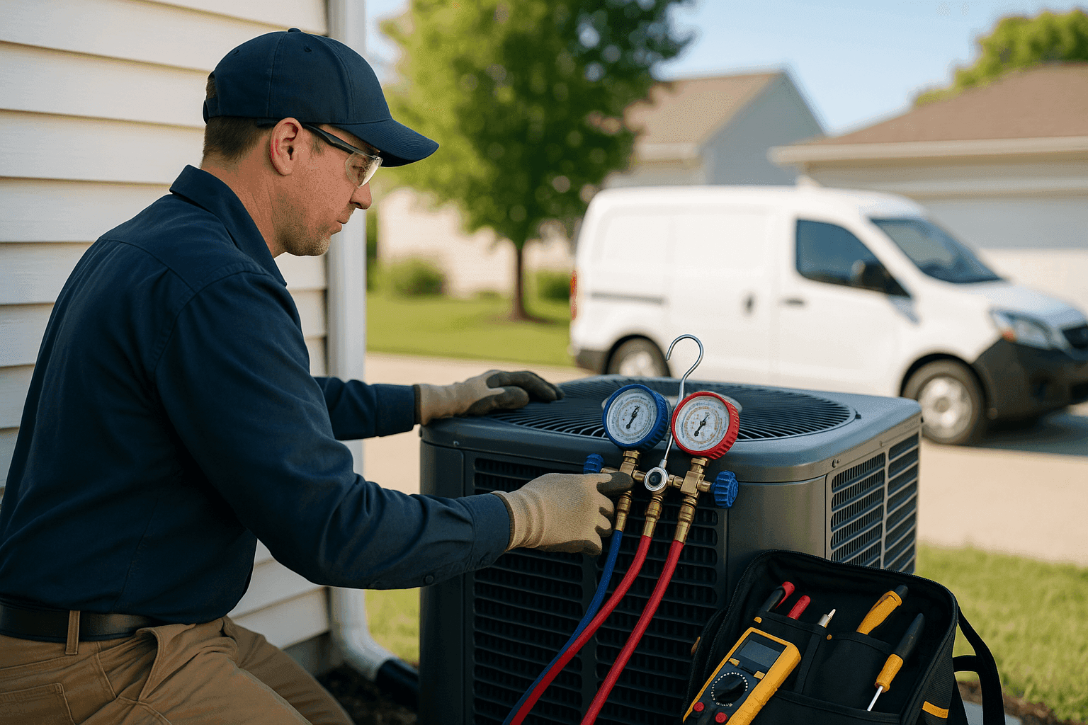 HVAC technician inspecting and maintaining an outdoor HVAC unit