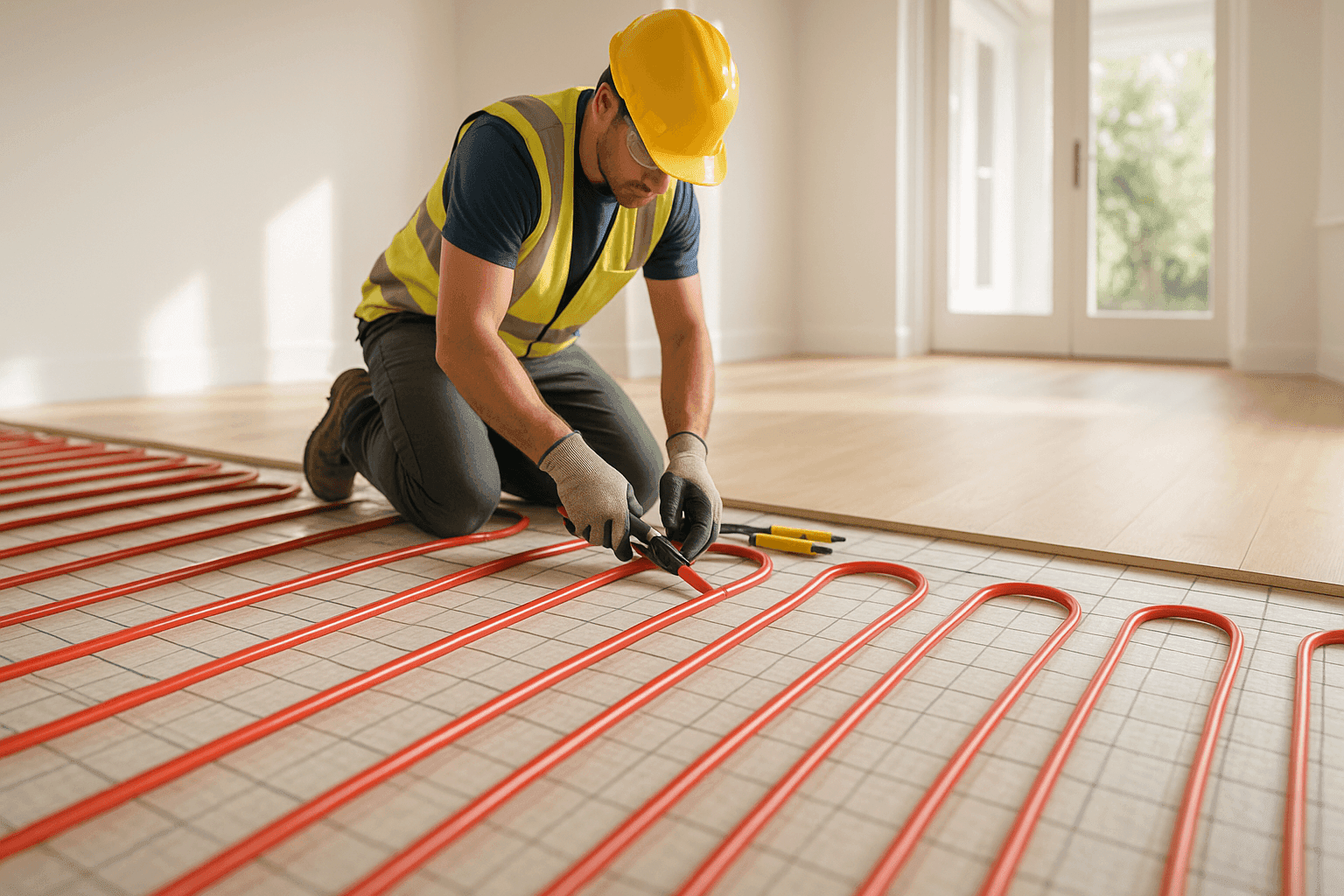 Radiant floor heating system being installed under new flooring in a residential home