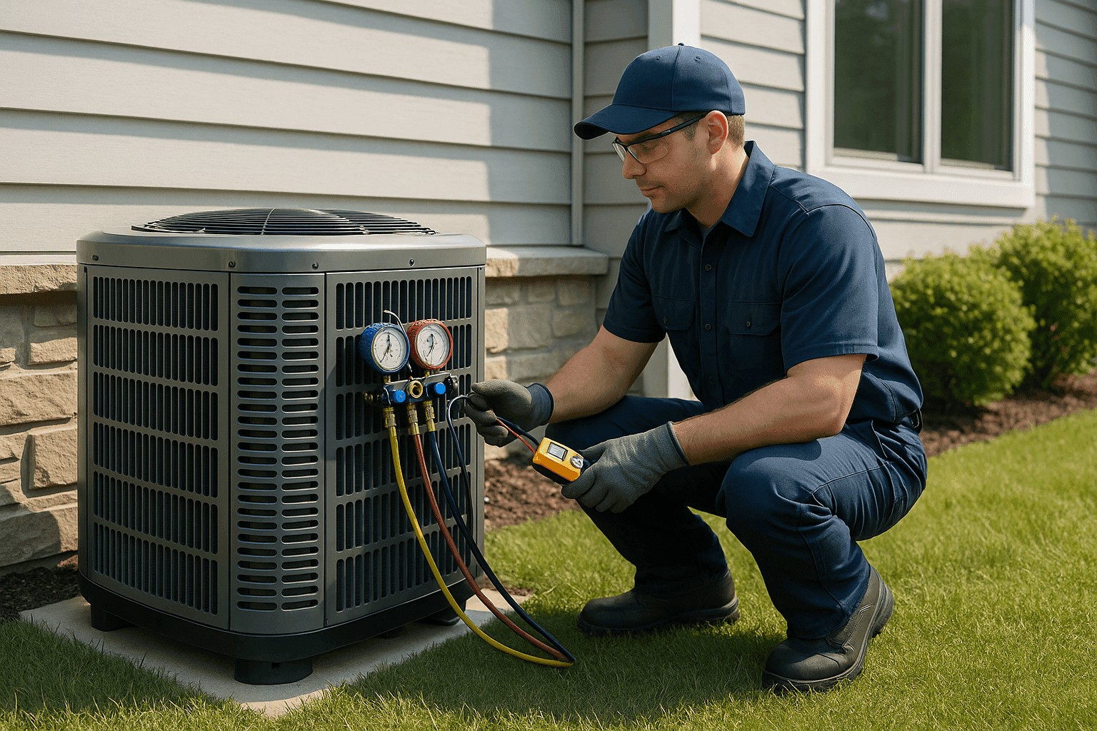 Technician examining residential air conditioner unit outdoors in summer
