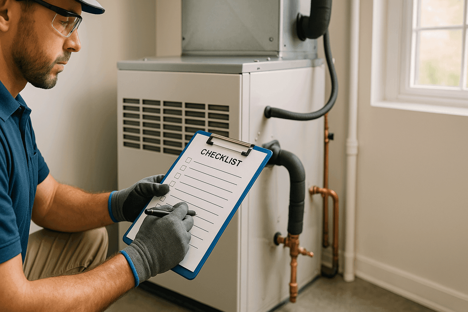 Technician inspecting HVAC system with checklist in hand