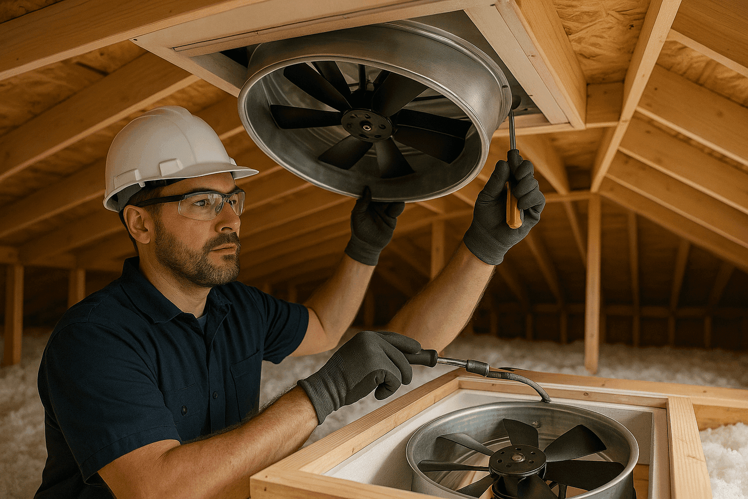 Technician installing a whole-house fan in a residential attic