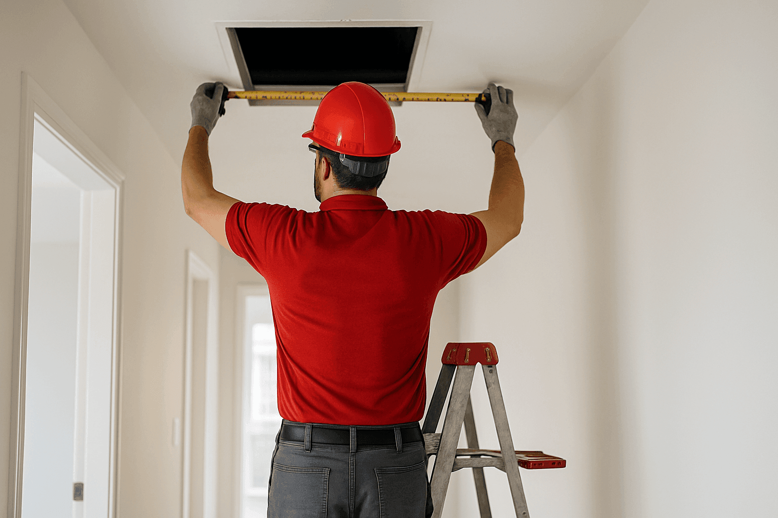 Technician measuring ceiling for whole-house fan installation